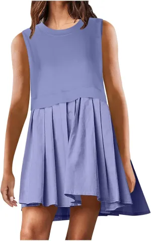 Womens Sleeveless Loose Beach Dress Simple Solid Color Sundresses Casual Crewneck Fashion 2024 Tank Dress