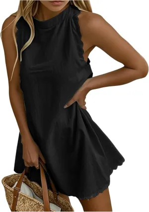 Womens Sleeveless Tank Dress V-Neck Scallop 2025 Summer Dresses Back Zipper Linen Casual Beach Sundress