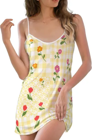Womens Spaghetti Strap Floral Dress, Summer Casual Dresses for Women, Vintage Floral Sleepwear Dress Pocket 1
