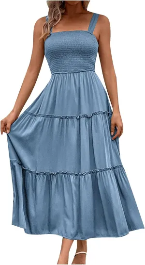 Womens Spaghetti Strap Smocked Midi Dresses Simple Solid Color Sun Dresses Trendy Flowy Tiered Beach Dress