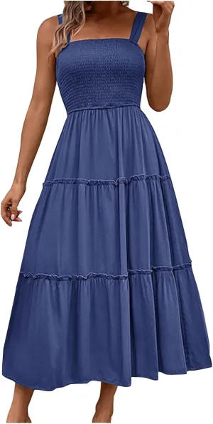 Womens Spaghetti Strap Smocked Midi Dresses Simple Solid Color Sun Dresses Trendy Flowy Tiered Beach Dress