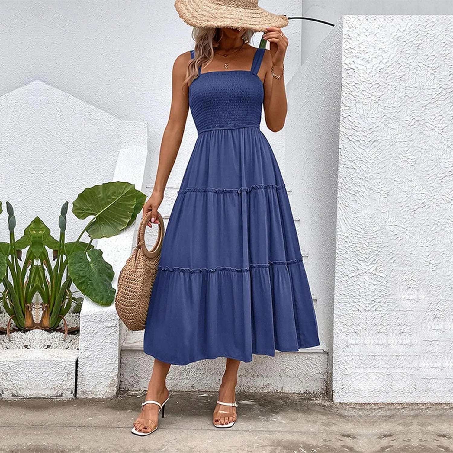 Womens Spaghetti Strap Smocked Midi Dresses Simple Solid Color Sun Dresses Trendy Flowy Tiered Beach Dress
