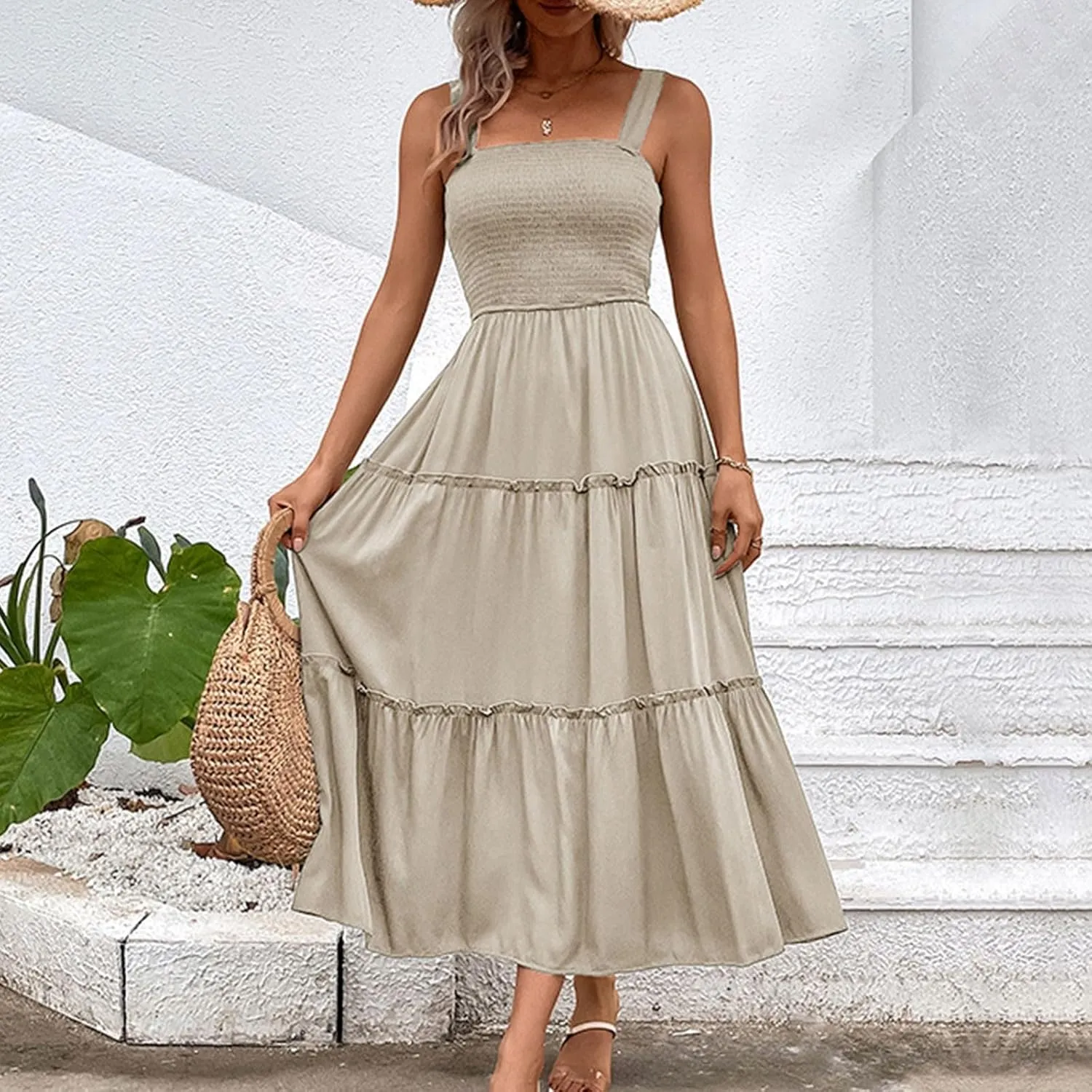 Womens Spaghetti Strap Smocked Midi Dresses Simple Solid Color Sun Dresses Trendy Flowy Tiered Beach Dress