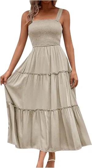 Womens Spaghetti Strap Smocked Midi Dresses Simple Solid Color Sun Dresses Trendy Flowy Tiered Beach Dress
