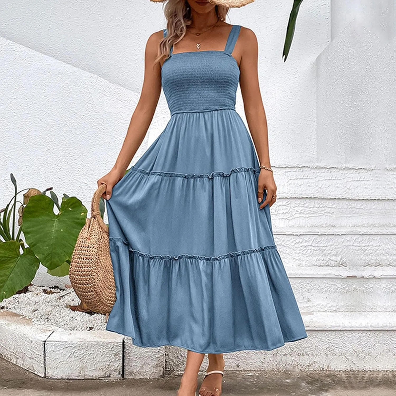 Womens Spaghetti Strap Smocked Midi Dresses Simple Solid Color Sun Dresses Trendy Flowy Tiered Beach Dress