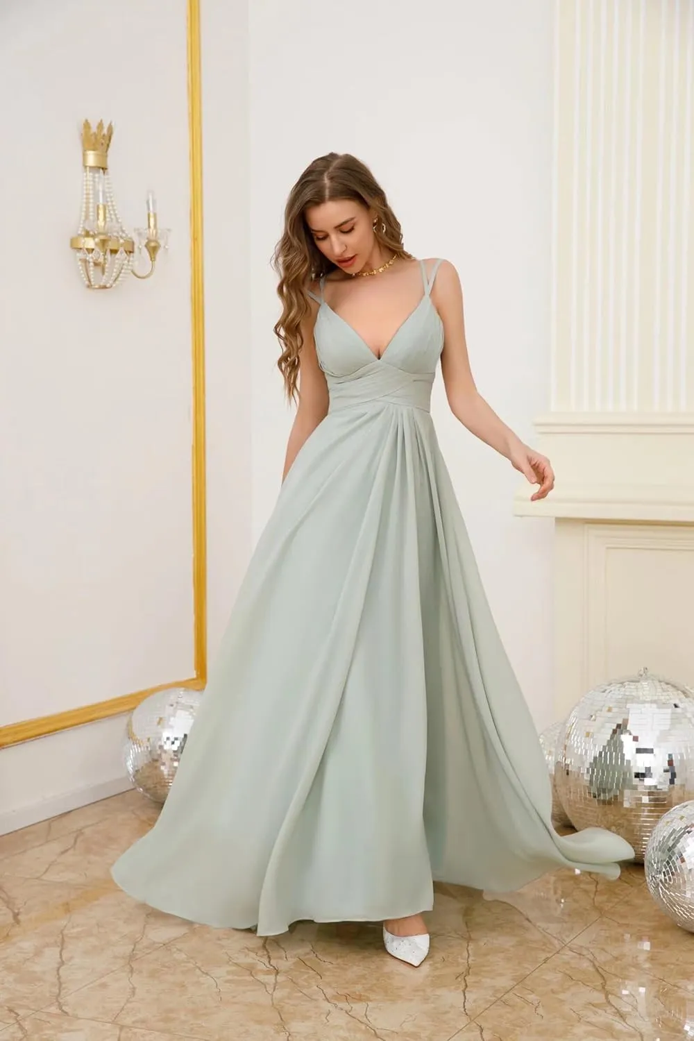 Women's Spaghetti Straps Bridesmaid Dresses Long Simple Chiffon Evening Formal Dress with Slits Pleated A Line Cocktail Gown