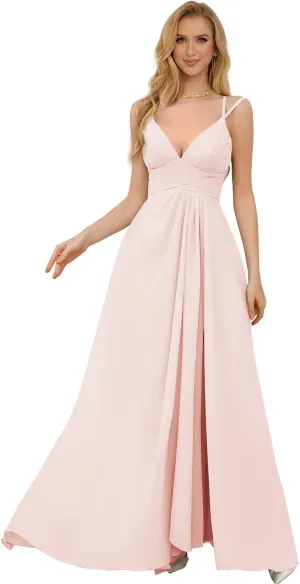 Women's Spaghetti Straps Bridesmaid Dresses Long Simple Chiffon Evening Formal Dress with Slits Pleated A Line Cocktail Gown