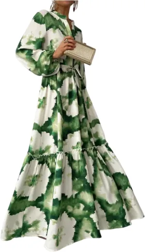 Womens Spring Summer Dresses 2025 Boho Print V Neck Puff Long Sleeve A Line Maxi Dress Flowy Beach Sundress