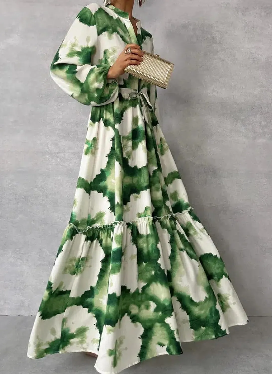 Womens Spring Summer Dresses 2025 Boho Print V Neck Puff Long Sleeve A Line Maxi Dress Flowy Beach Sundress