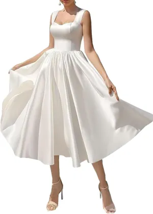 Women's Square Collar Tea Length Wedding Dress for Bride Satin Midi A Line Simple Bridal Dress
