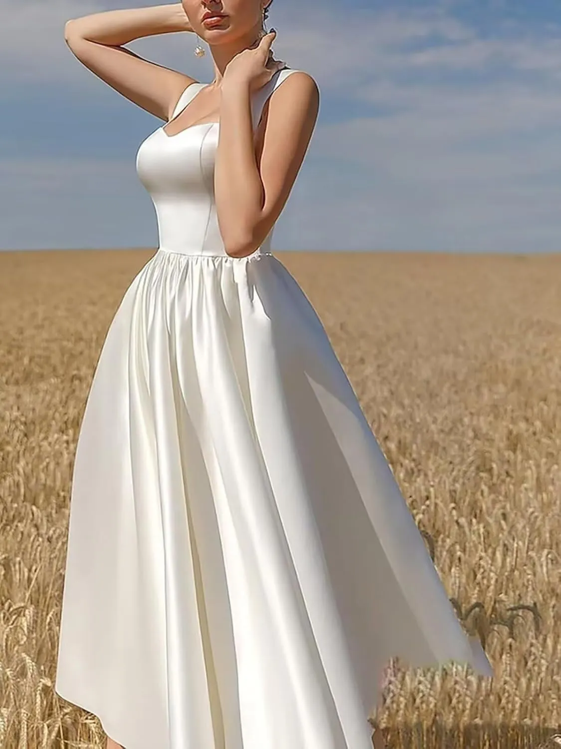 Women's Square Collar Tea Length Wedding Dress for Bride Satin Midi A Line Simple Bridal Dress