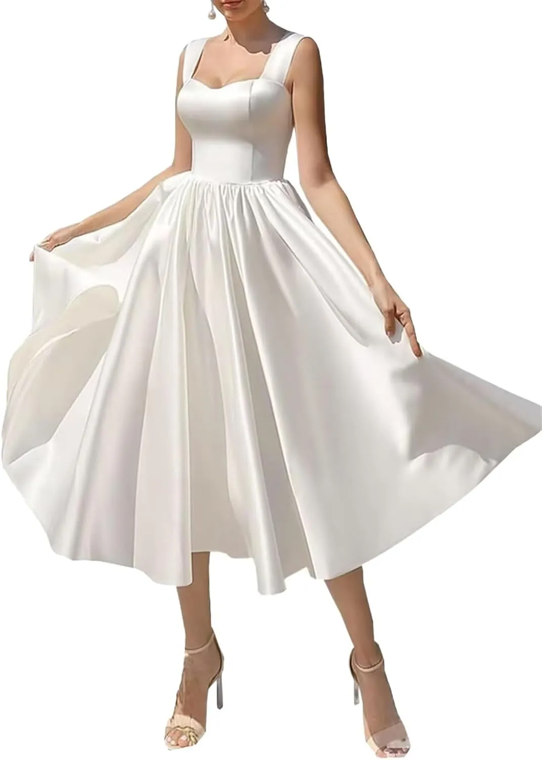 Women's Square Collar Tea Length Wedding Dress for Bride Satin Midi A Line Simple Bridal Dress