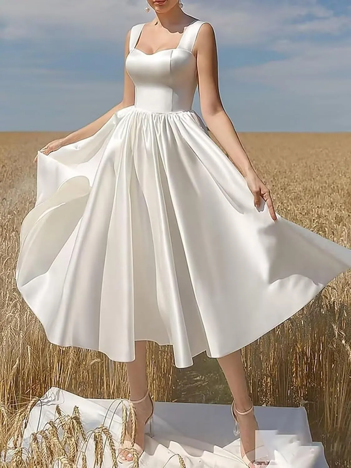 Women's Square Collar Tea Length Wedding Dress for Bride Satin Midi A Line Simple Bridal Dress