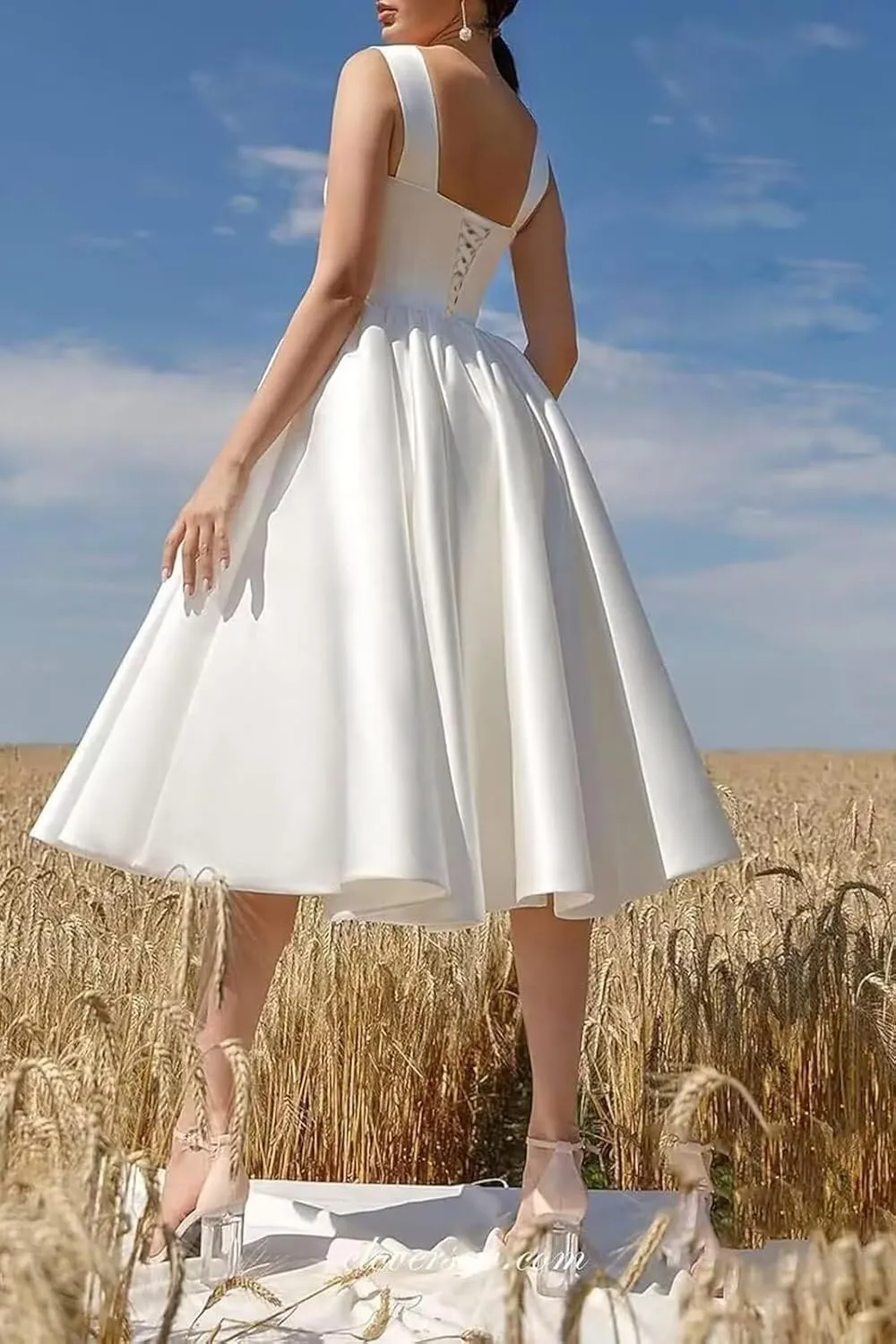 Women's Square Collar Tea Length Wedding Dress for Bride Satin Midi A Line Simple Bridal Dress