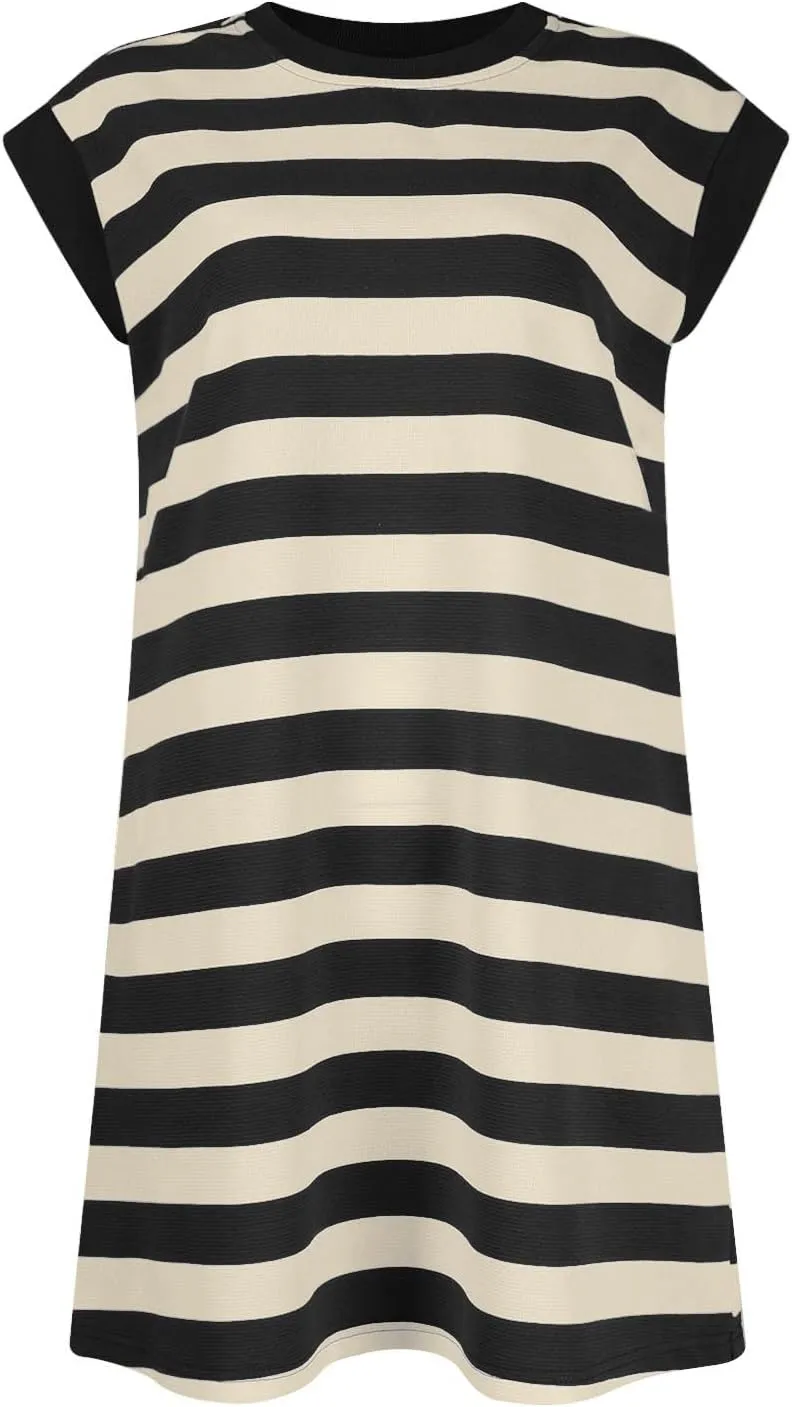 Womens Striped Summer Dresses 2024 Crewneck Patchwork Casual Loose Color Block Tshirt Dress with Pockets