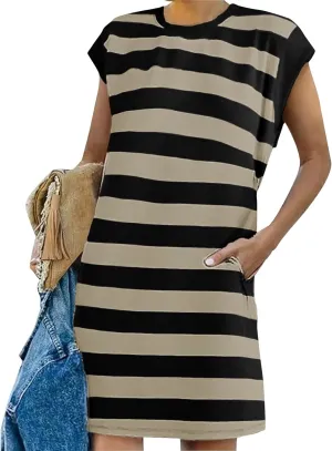 Womens Striped Summer Dresses 2024 Crewneck Patchwork Casual Loose Color Block Tshirt Dress with Pockets