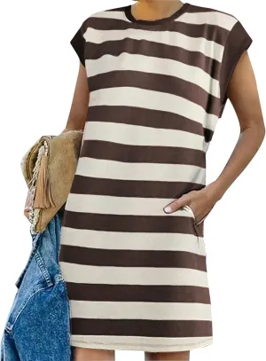 Womens Striped Summer Dresses 2024 Crewneck Patchwork Casual Loose Color Block Tshirt Dress with Pockets