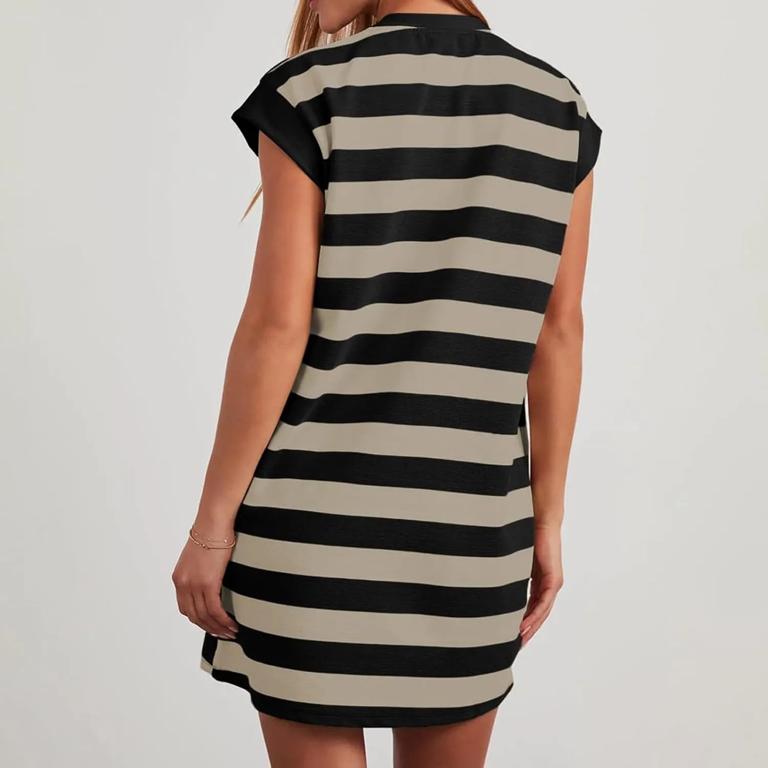 Womens Striped Summer Dresses 2024 Crewneck Patchwork Casual Loose Color Block Tshirt Dress with Pockets