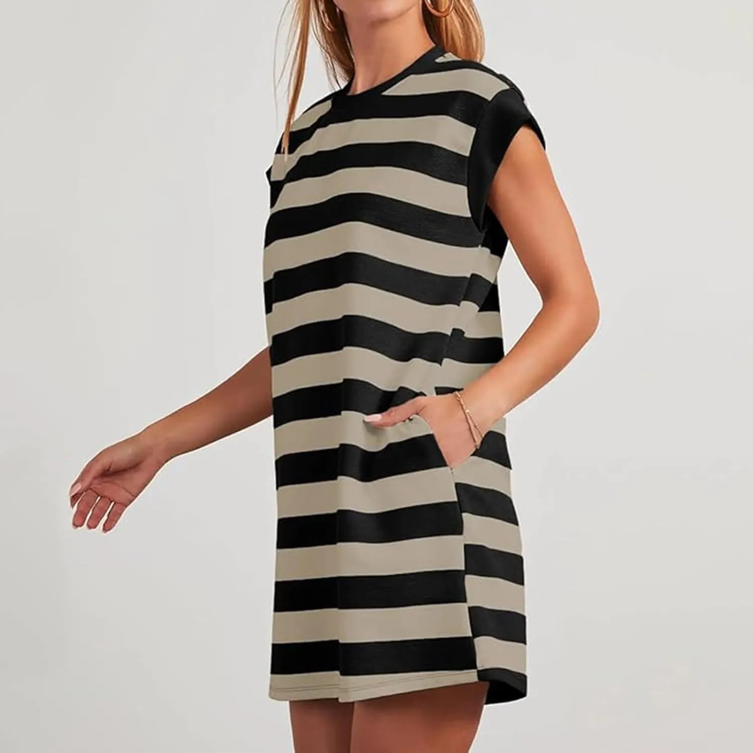 Womens Striped Summer Dresses 2024 Crewneck Patchwork Casual Loose Color Block Tshirt Dress with Pockets