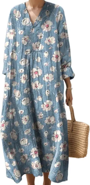 Women's Summer Boho Floral Long Sleeve V-Neck Midi Dress Casual Loose Colorful Beach Vacation Dress with Pockets