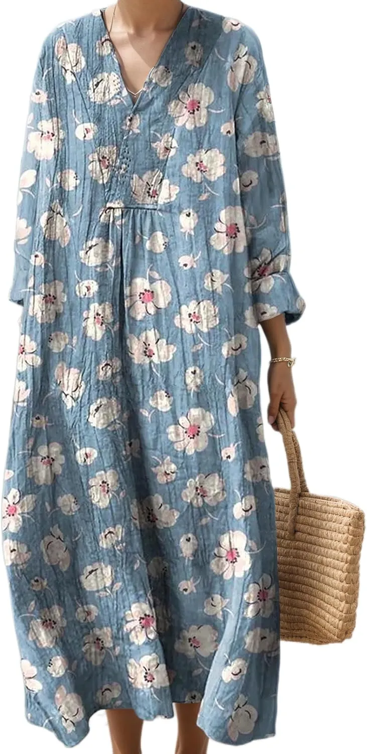 Women's Summer Boho Floral Long Sleeve V-Neck Midi Dress Casual Loose Colorful Beach Vacation Dress with Pockets