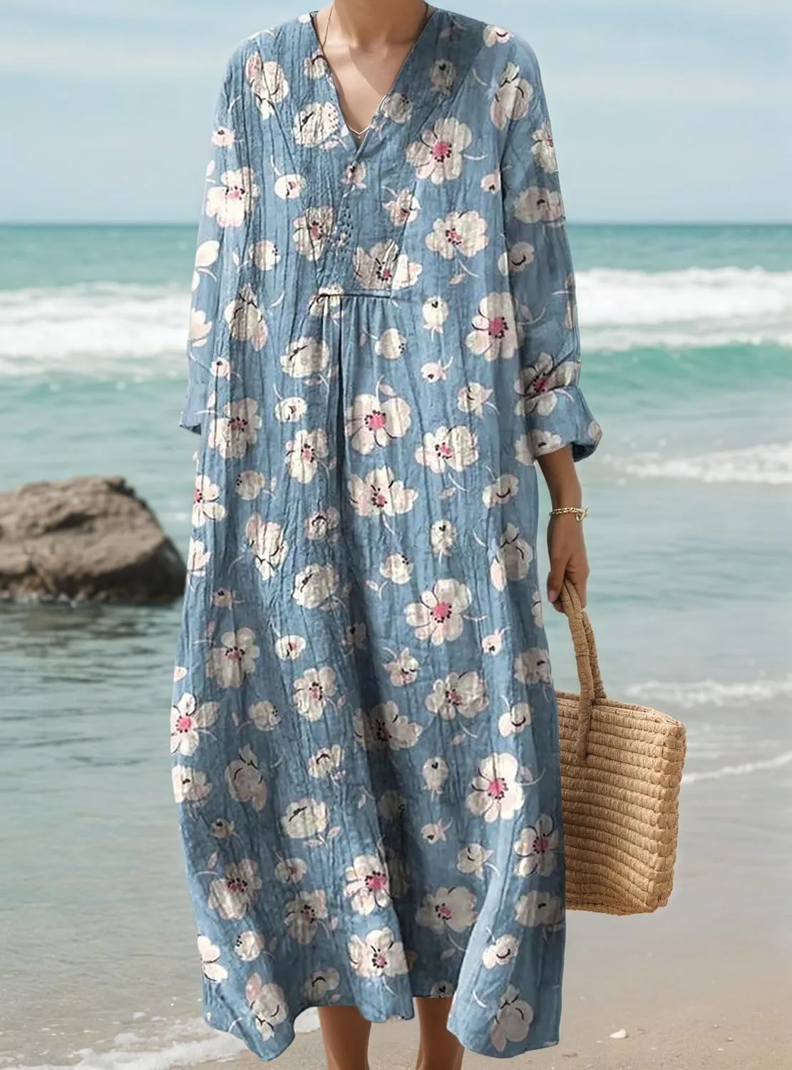 Women's Summer Boho Floral Long Sleeve V-Neck Midi Dress Casual Loose Colorful Beach Vacation Dress with Pockets