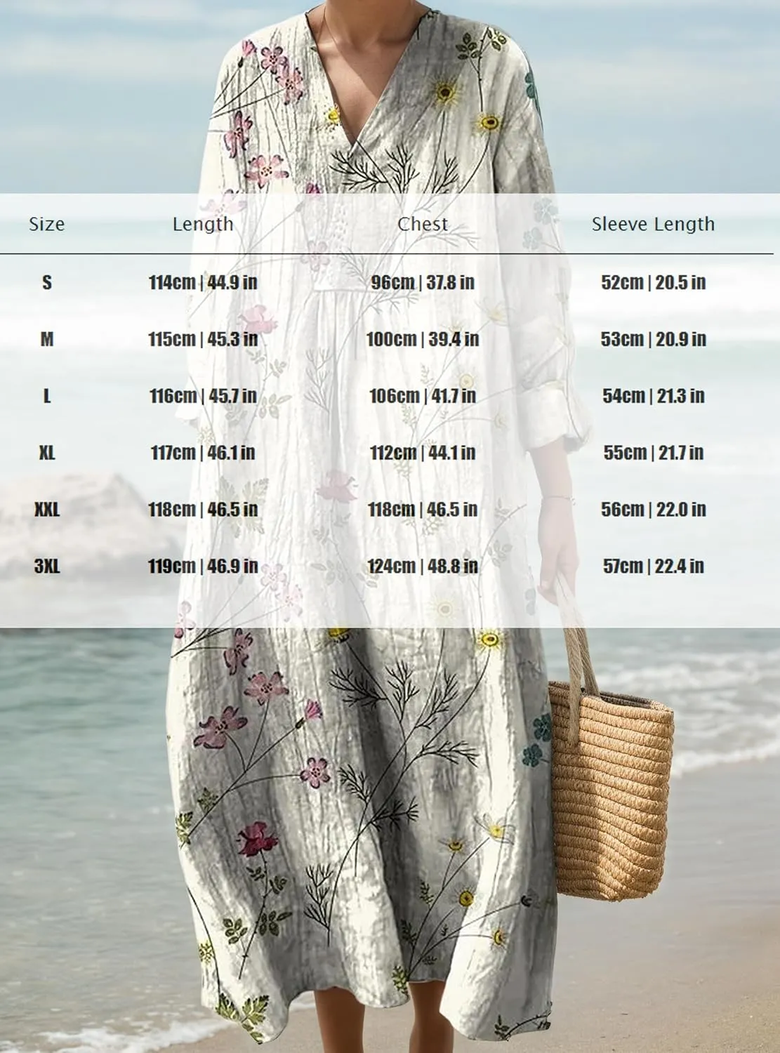 Women's Summer Boho Floral Long Sleeve V-Neck Midi Dress Casual Loose Colorful Beach Vacation Dress with Pockets
