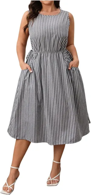 Womens Summer Casual Dresses Plus Size Striped Sleeveless Drawstring Waist Scoop Neck Swing Midi Dress with Pockets