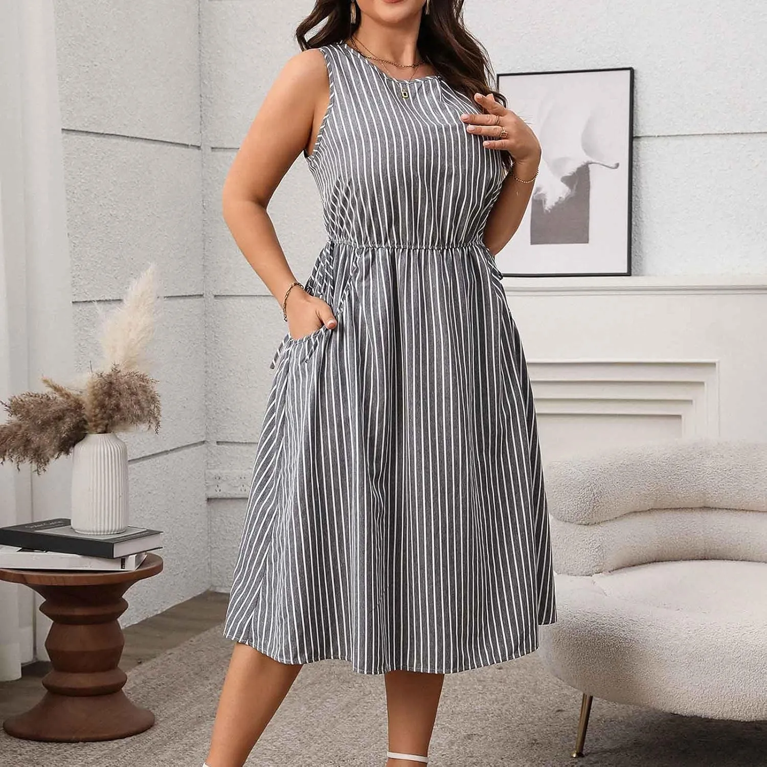 Womens Summer Casual Dresses Plus Size Striped Sleeveless Drawstring Waist Scoop Neck Swing Midi Dress with Pockets