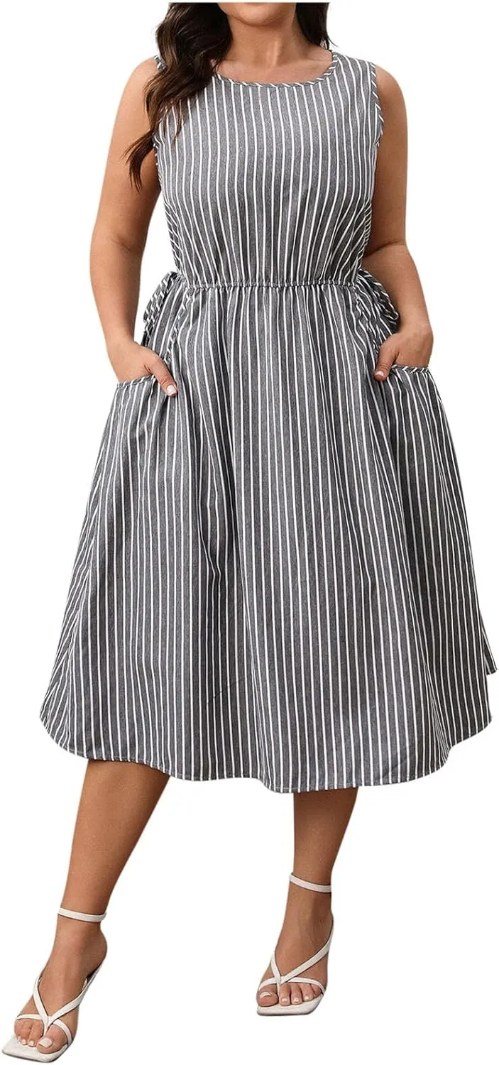 Womens Summer Casual Dresses Plus Size Striped Sleeveless Drawstring Waist Scoop Neck Swing Midi Dress with Pockets