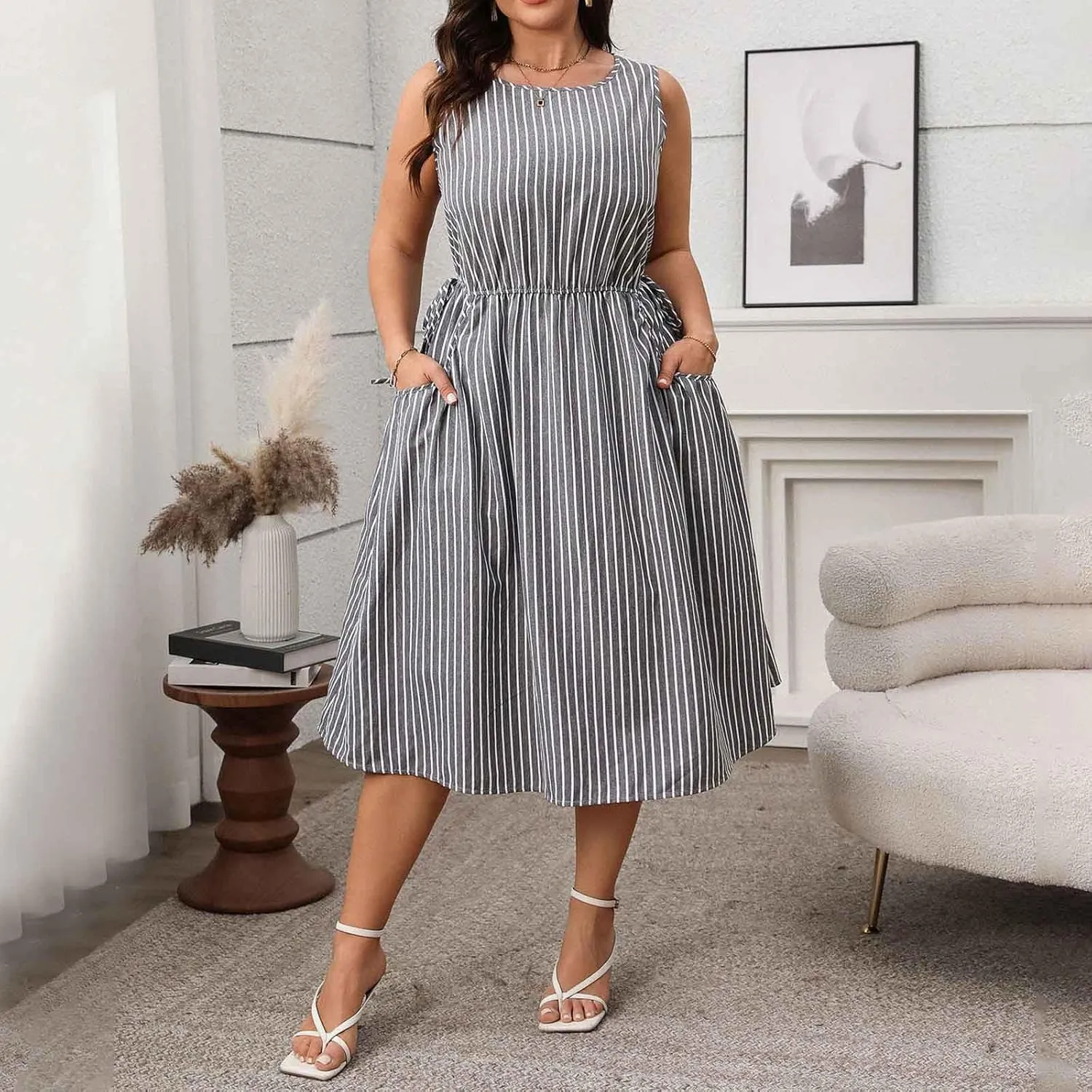 Womens Summer Casual Dresses Plus Size Striped Sleeveless Drawstring Waist Scoop Neck Swing Midi Dress with Pockets