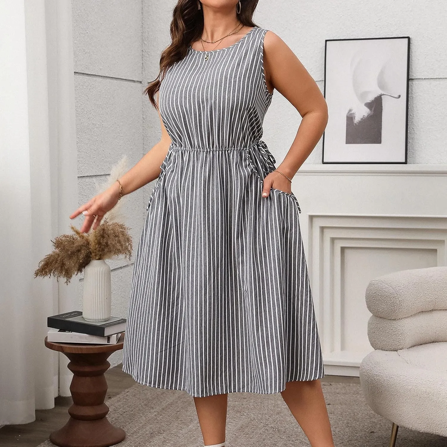 Womens Summer Casual Dresses Plus Size Striped Sleeveless Drawstring Waist Scoop Neck Swing Midi Dress with Pockets