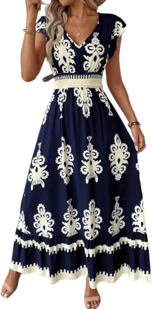 Womens Summer Casual Maxi Dresses Short Sleeve V Neck 2025 Spring Flowy A-Line Boho Print Beach Vacation Sundress