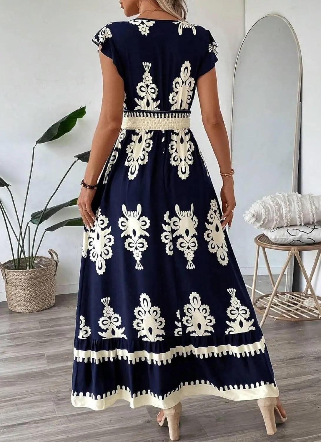 Womens Summer Casual Maxi Dresses Short Sleeve V Neck 2025 Spring Flowy A-Line Boho Print Beach Vacation Sundress
