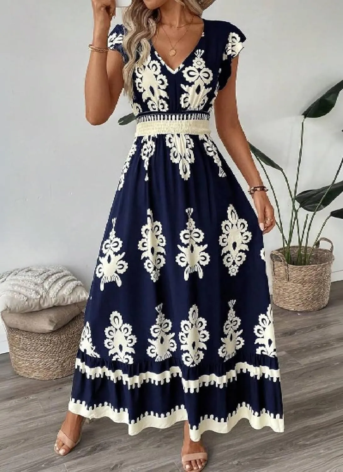 Womens Summer Casual Maxi Dresses Short Sleeve V Neck 2025 Spring Flowy A-Line Boho Print Beach Vacation Sundress