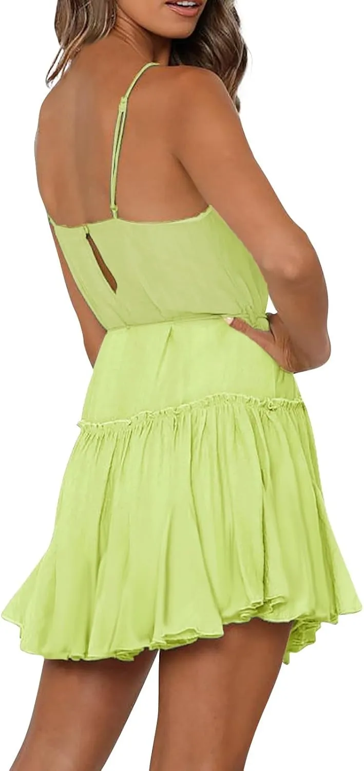 Women's Summer Casual Sleeveless Mini Dress 2025 Spaghetti Strap Waist Tie Boho Beach Vacation Short Sundress
