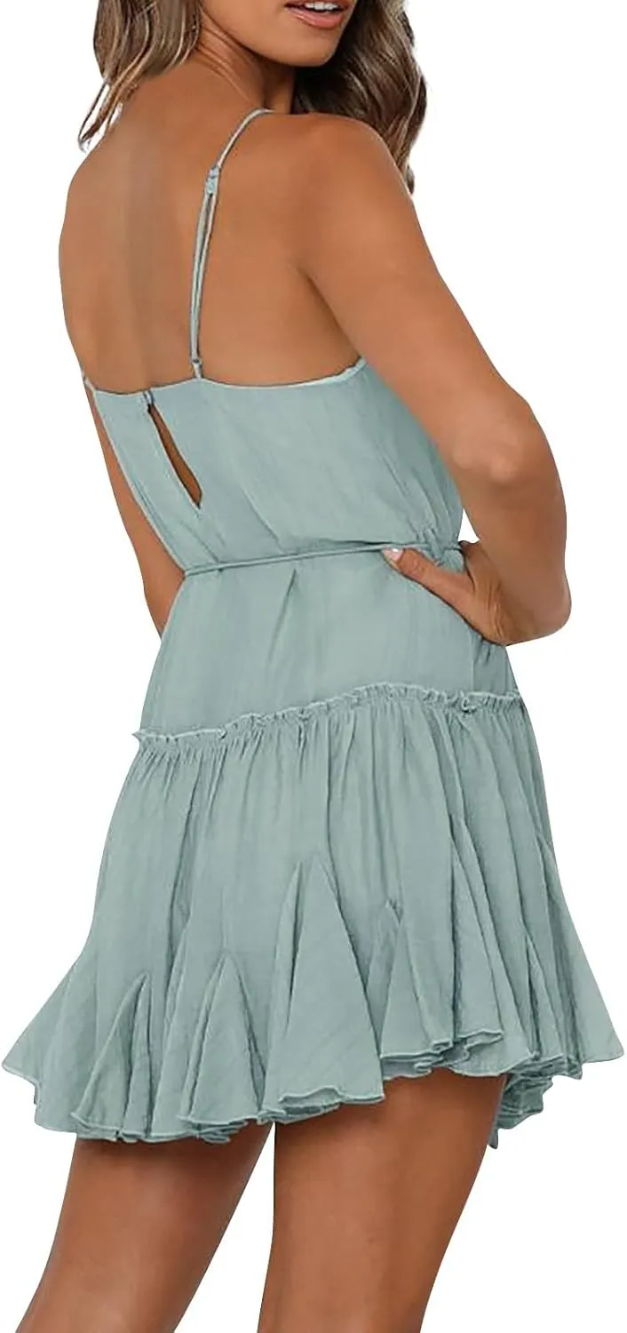 Women's Summer Casual Sleeveless Mini Dress 2025 Spaghetti Strap Waist Tie Boho Beach Vacation Short Sundress
