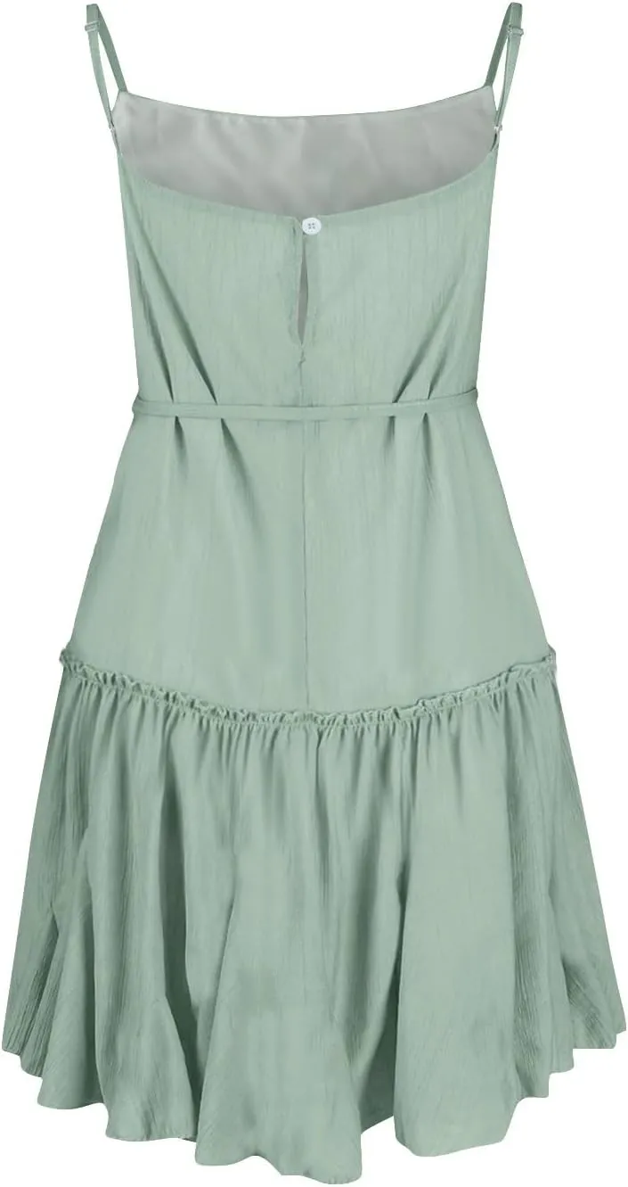 Women's Summer Casual Sleeveless Mini Dress 2025 Spaghetti Strap Waist Tie Boho Beach Vacation Short Sundress