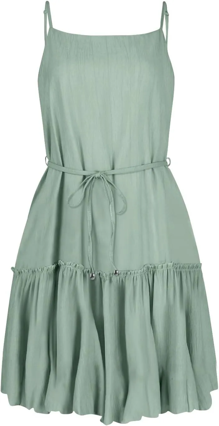Women's Summer Casual Sleeveless Mini Dress 2025 Spaghetti Strap Waist Tie Boho Beach Vacation Short Sundress