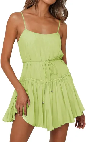 Women's Summer Casual Sleeveless Mini Dress 2025 Spaghetti Strap Waist Tie Boho Beach Vacation Short Sundress