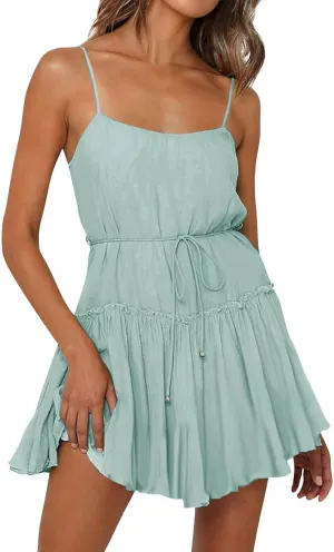 Women's Summer Casual Sleeveless Mini Dress 2025 Spaghetti Strap Waist Tie Boho Beach Vacation Short Sundress