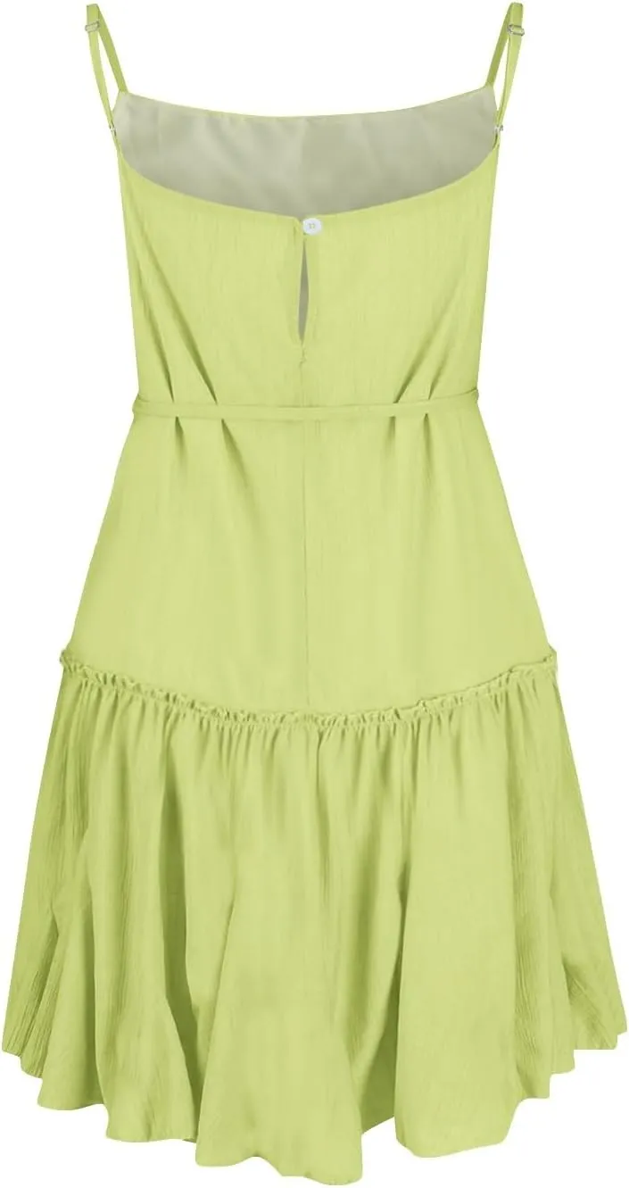 Women's Summer Casual Sleeveless Mini Dress 2025 Spaghetti Strap Waist Tie Boho Beach Vacation Short Sundress