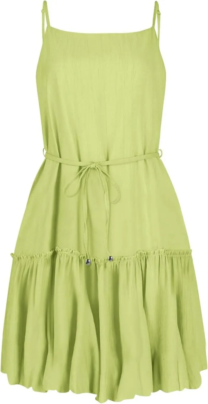 Women's Summer Casual Sleeveless Mini Dress 2025 Spaghetti Strap Waist Tie Boho Beach Vacation Short Sundress