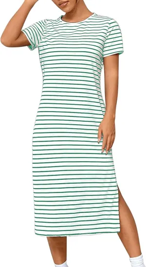 Womens Summer Casual Striped Dress Trendy Short Sleeve Side Split Sundress Comfy Beach Midi Dresses for Holiday
