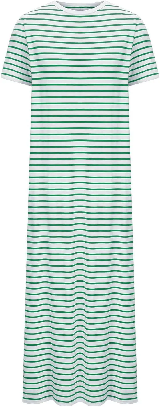 Womens Summer Casual Striped Dress Trendy Short Sleeve Side Split Sundress Comfy Beach Midi Dresses for Holiday