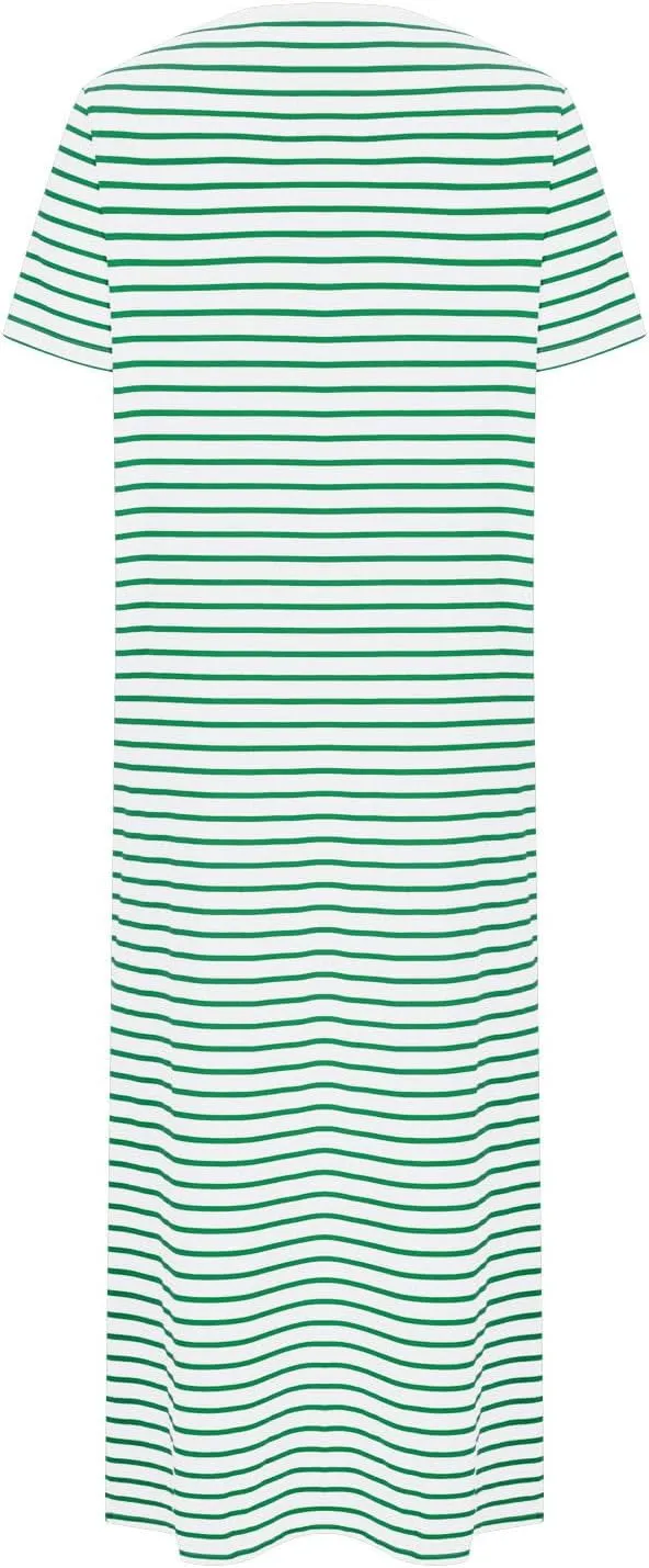 Womens Summer Casual Striped Dress Trendy Short Sleeve Side Split Sundress Comfy Beach Midi Dresses for Holiday