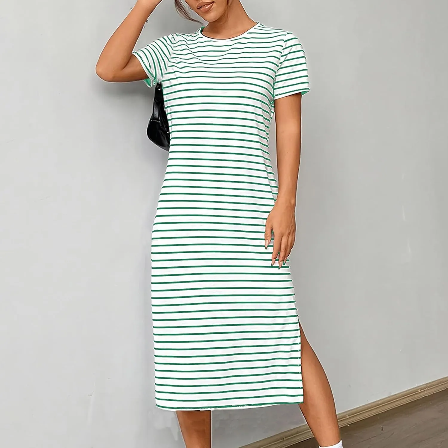 Womens Summer Casual Striped Dress Trendy Short Sleeve Side Split Sundress Comfy Beach Midi Dresses for Holiday