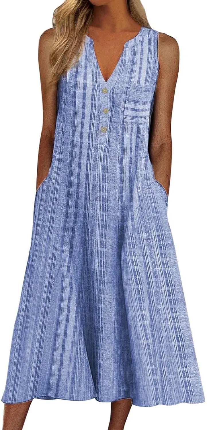 Womens Summer Dress Casual Floral Print Midi Dress Button V Neck Short Sleeve Dresses Flowy Boho Beach Party Sundress