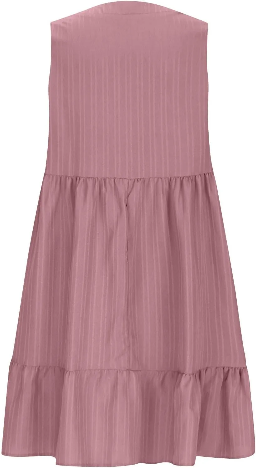 Womens Summer Dress Sleeveless V Neck Mini Dresses Fashion Casual Flowy Boho Ruffle A Line Swing Sundress 2025