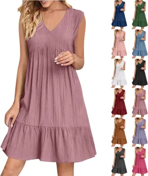 Womens Summer Dress Sleeveless V Neck Mini Dresses Fashion Casual Flowy Boho Ruffle A Line Swing Sundress 2025